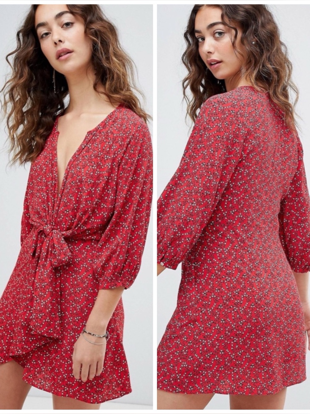 Free People Red Clara Puff Sleeve Ditsy Floral Faux Wrap Mini Dress